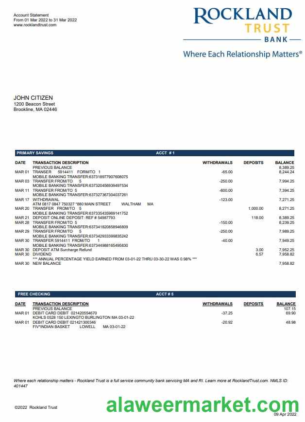 USA Massachusets Rockland Trust bank statement